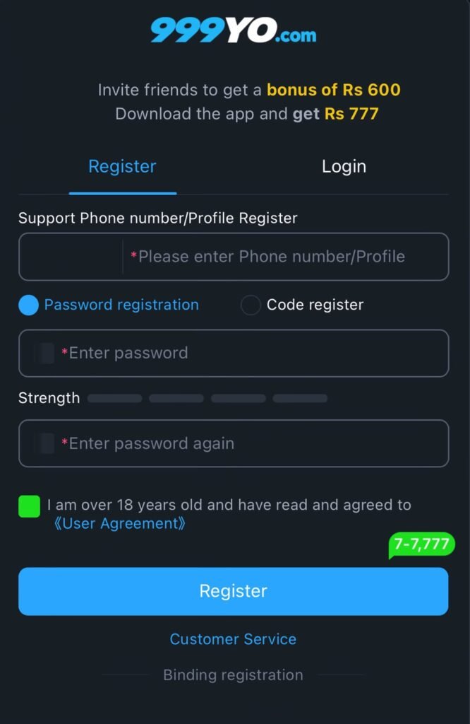 999YO Game  Register & Login